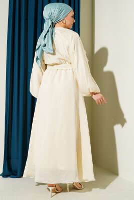 Önü Fırfırlı Bel Lastikli Kuşaklı Elbise Krem - Elbise