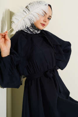 Önü Fırfırlı Bel Lastikli Kuşaklı Elbise Lacivert - MODA NORVELLA