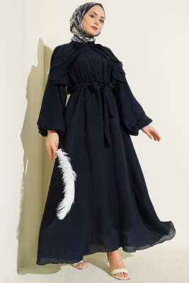 Önü Fırfırlı Bel Lastikli Kuşaklı Elbise Lacivert - Elbise