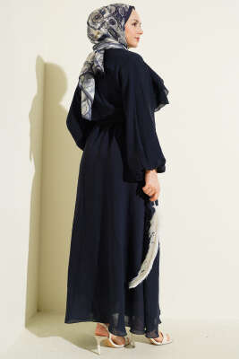 Önü Fırfırlı Bel Lastikli Kuşaklı Elbise Lacivert - Elbise