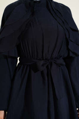 Önü Fırfırlı Bel Lastikli Kuşaklı Elbise Lacivert - Elbise