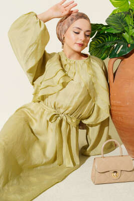 Önü Fırfırlı Bel Lastikli Kuşaklı Elbise Lime - MODA NORVELLA