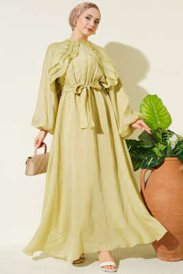 Önü Fırfırlı Bel Lastikli Kuşaklı Elbise Lime - Elbise