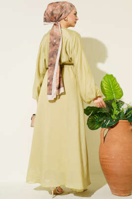 Önü Fırfırlı Bel Lastikli Kuşaklı Elbise Lime - Elbise