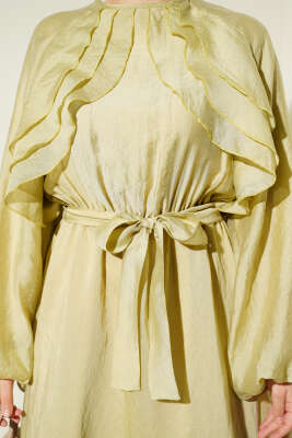 Önü Fırfırlı Bel Lastikli Kuşaklı Elbise Lime - Elbise