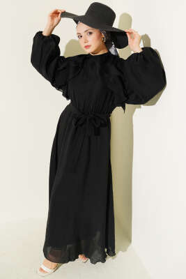 Önü Fırfırlı Bel Lastikli Kuşaklı Elbise Siyah - MODA NORVELLA