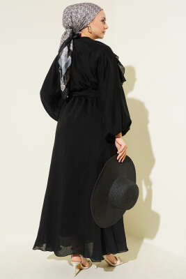 Önü Fırfırlı Bel Lastikli Kuşaklı Elbise Siyah - Elbise