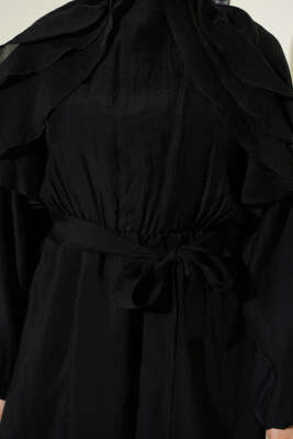 Önü Fırfırlı Bel Lastikli Kuşaklı Elbise Siyah - Elbise