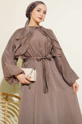 Önü Fırfırlı Bel Lastikli Kuşaklı Elbise Vizon - Elbise