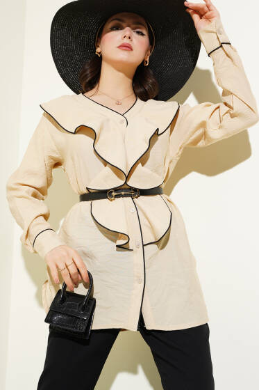 Önü Fırfırlı Biyeli Gömlek Bej - Gömlek