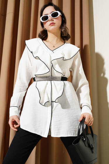 Önü Fırfırlı Biyeli Gömlek Beyaz - Gömlek