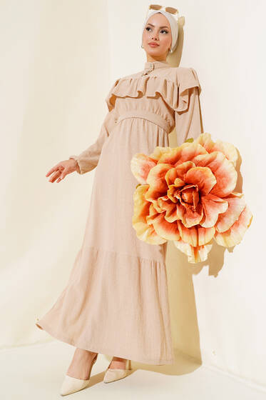 Önü Fırfırlı Bürümcük Elbise Bej - Elbise