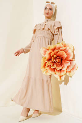 Önü Fırfırlı Bürümcük Elbise Bej 