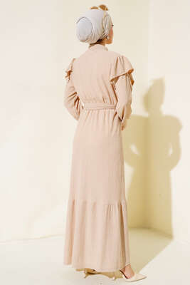 Önü Fırfırlı Bürümcük Elbise Bej - Tesettür Elbise