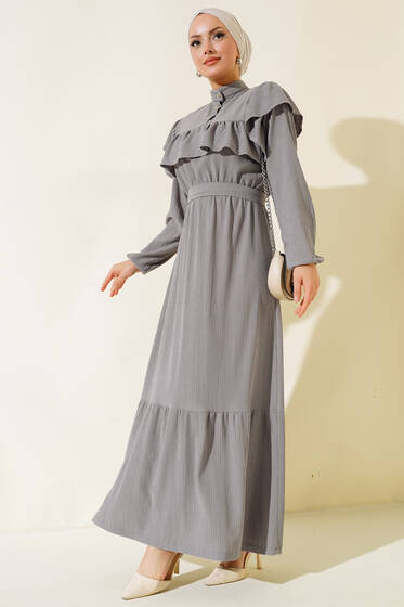 Önü Fırfırlı Bürümcük Elbise Gri - Elbise