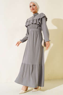 Önü Fırfırlı Bürümcük Elbise Gri 