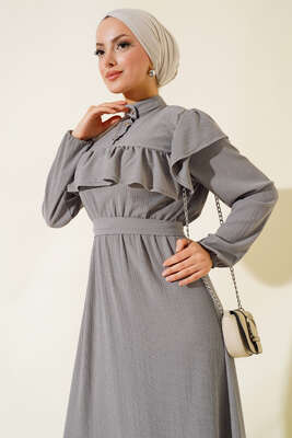 Önü Fırfırlı Bürümcük Elbise Gri - Tesettür Elbise