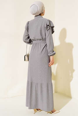 Önü Fırfırlı Bürümcük Elbise Gri - Tesettür Elbise