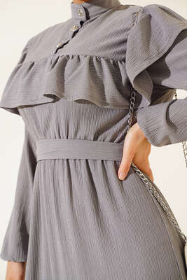 Önü Fırfırlı Bürümcük Elbise Gri - Tesettür Elbise