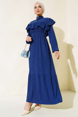 Önü Fırfırlı Bürümcük Elbise İndigo 