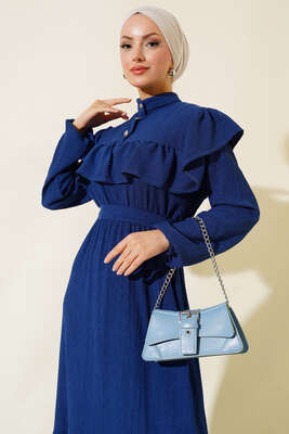 Önü Fırfırlı Bürümcük Elbise İndigo - Tesettür Elbise