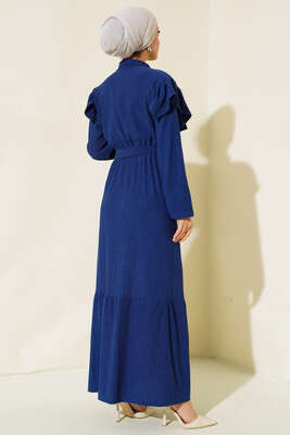 Önü Fırfırlı Bürümcük Elbise İndigo - Tesettür Elbise
