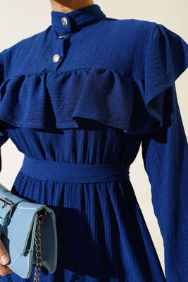 Önü Fırfırlı Bürümcük Elbise İndigo - Tesettür Elbise