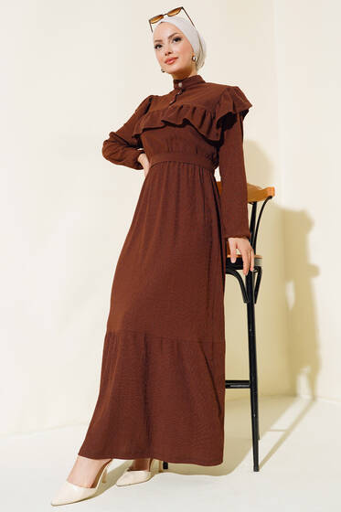 Önü Fırfırlı Bürümcük Elbise Kahve - Elbise