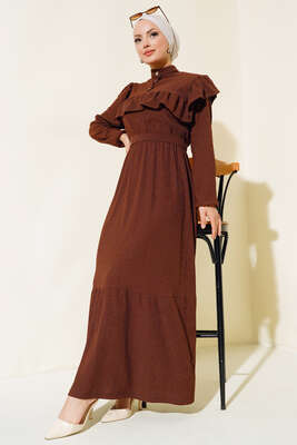 Önü Fırfırlı Bürümcük Elbise Kahve 
