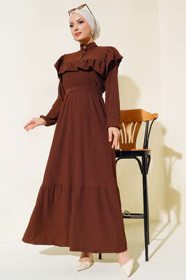 Önü Fırfırlı Bürümcük Elbise Kahve - Tesettür Elbise