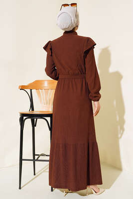 Önü Fırfırlı Bürümcük Elbise Kahve - Tesettür Elbise