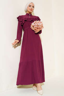 Önü Fırfırlı Bürümcük Elbise Mürdüm 