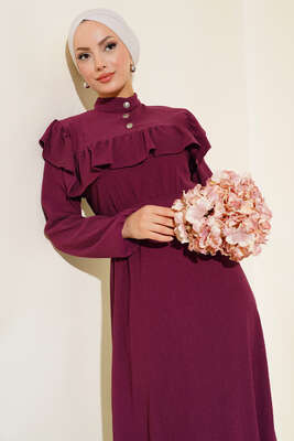 Önü Fırfırlı Bürümcük Elbise Mürdüm - Tesettür Elbise