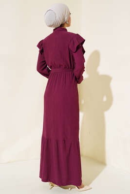 Önü Fırfırlı Bürümcük Elbise Mürdüm - Tesettür Elbise