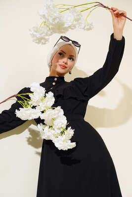 Önü Fırfırlı Bürümcük Elbise Siyah