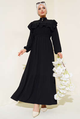 Önü Fırfırlı Bürümcük Elbise Siyah - Tesettür Elbise