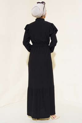 Önü Fırfırlı Bürümcük Elbise Siyah - Tesettür Elbise