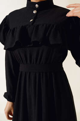 Önü Fırfırlı Bürümcük Elbise Siyah - Tesettür Elbise