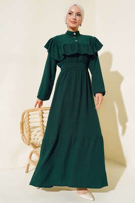 Önü Fırfırlı Bürümcük Elbise Zümrüt 