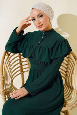 Önü Fırfırlı Bürümcük Elbise Zümrüt - Tesettür Elbise