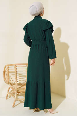 Önü Fırfırlı Bürümcük Elbise Zümrüt - Tesettür Elbise