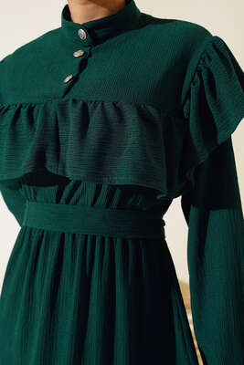 Önü Fırfırlı Bürümcük Elbise Zümrüt - Tesettür Elbise