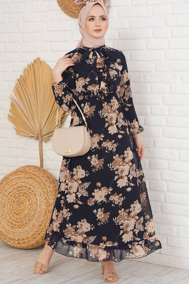 Önü Fırfırlı Çiçek Desenli Lacivert Şifon Elbise - Tesettür Elbise