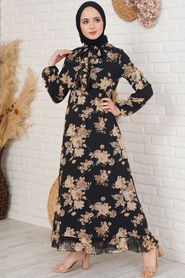 Önü Fırfırlı Çiçek Desenli Siyah Şifon Elbise - Tesettür Elbise