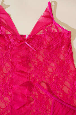 Önü Fırfırlı Dantelli Fantazi Gecelik Fuşya - Yılın Fırsatı