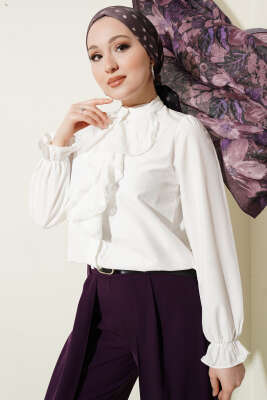 Önü Fırfırlı Dantelli Kısa Gömlek Beyaz - NEFİSE