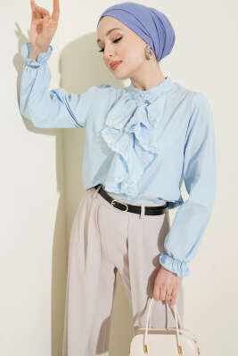 Önü Fırfırlı Dantelli Kısa Gömlek Mavi - NEFİSE