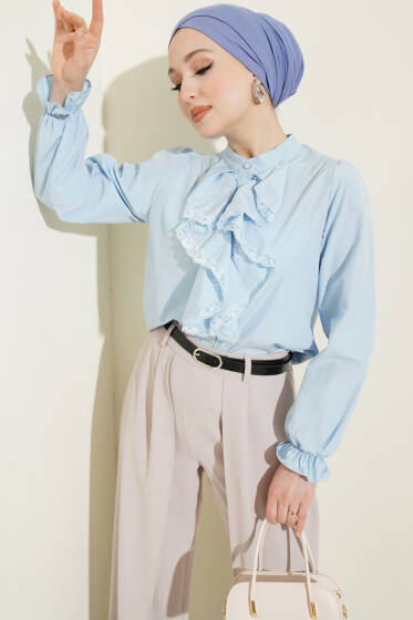 Önü Fırfırlı Dantelli Kısa Gömlek Mavi - Gömlek