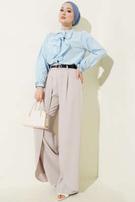 Önü Fırfırlı Dantelli Kısa Gömlek Mavi - Gömlek