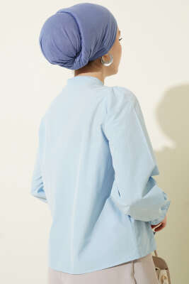 Önü Fırfırlı Dantelli Kısa Gömlek Mavi - Gömlek